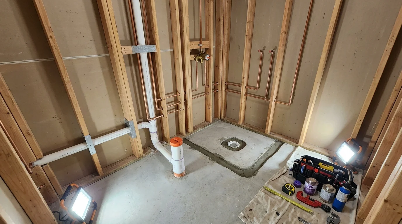 Bathroom rough-in plumbing during remodel by Johns Plumbing LLC in Kosciusko