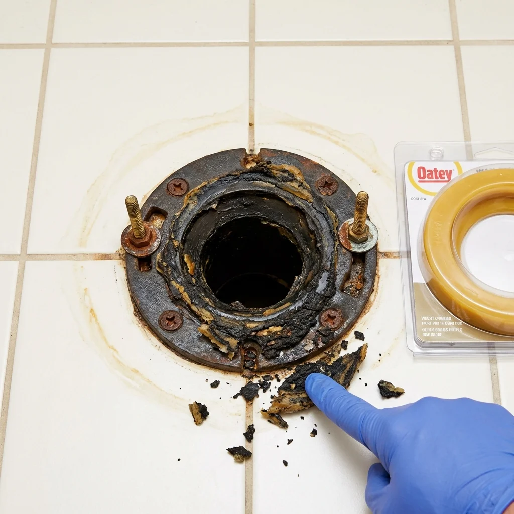 Failed wax ring showing water seepage at the base of a toilet in a Kosciusko, MS home