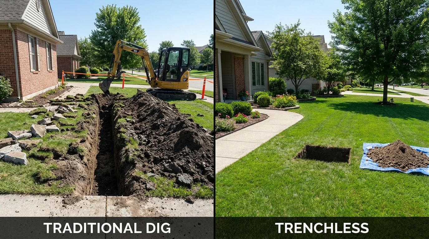 Trenchless sewer repair with minimal yard damage versus traditional excavation in Kosciusko, MS
