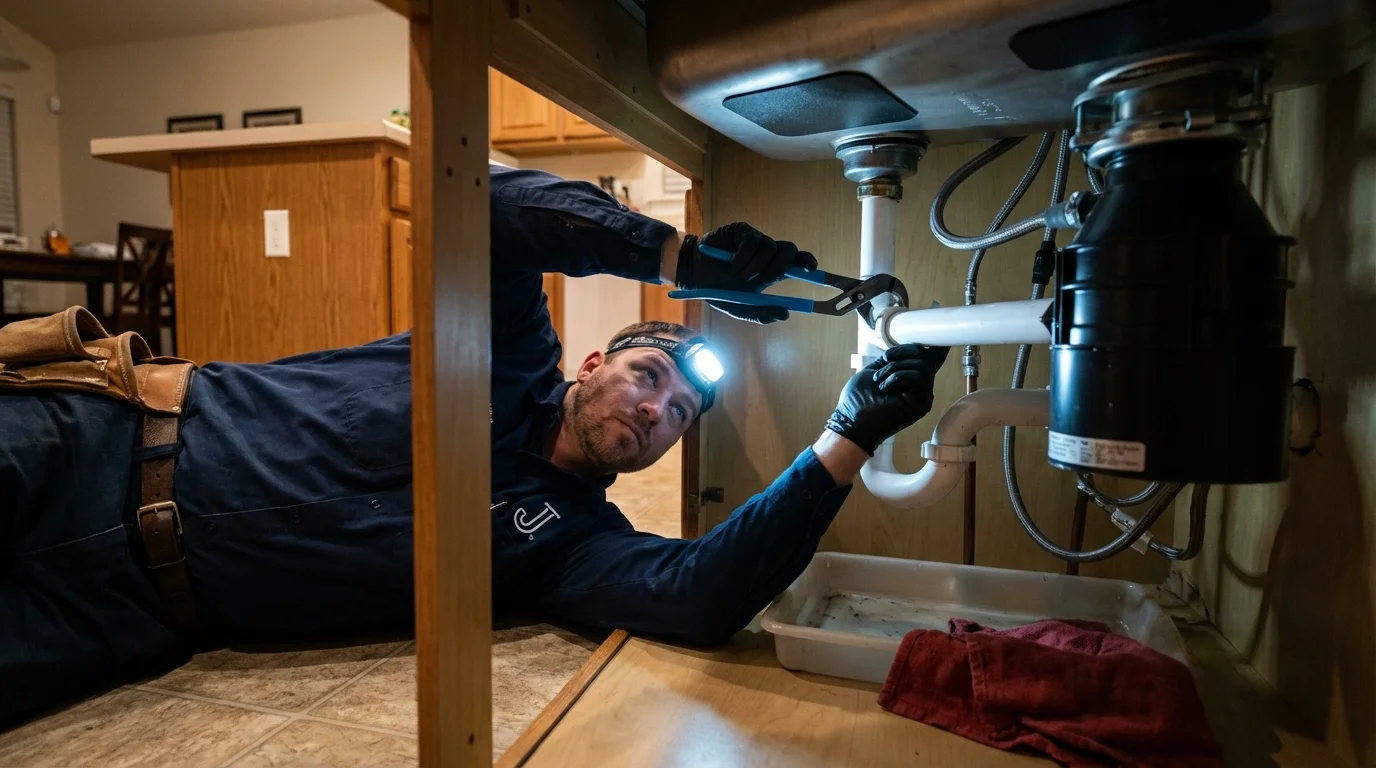 P-trap and supply line connections under a kitchen sink showing a common leak point in Kosciusko, MS